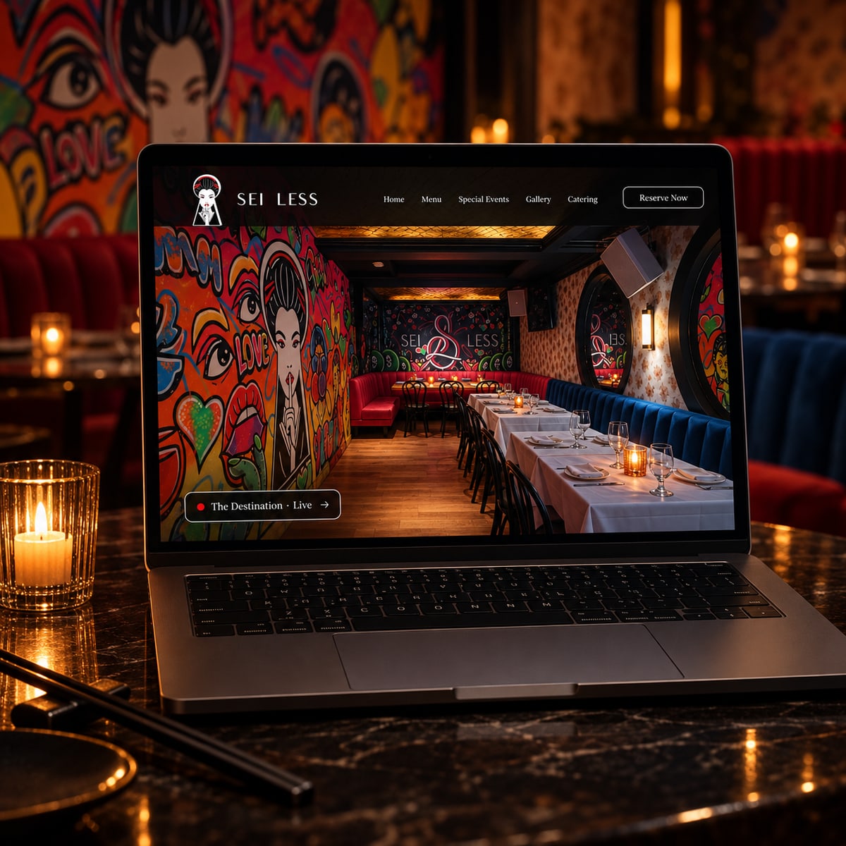 Sei Less website presented on a laptop in an Asian fusion restaurant